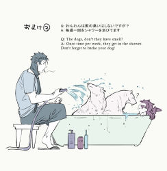 Rule 34 | 1boy, 3others, ?, alternate costume, alternate hairstyle, animal, bathing, bathtub, blue hair, chibi, cu chulainn (fate), cu chulainn (caster) (fate), dog, earrings, english text, fate/grand order, fate (series), flip-flops, from side, fur, hose, jewelry, cu chulainn (fate/stay night), long hair, looking at another, male focus, mini cu-chan (fate), multiple others, ponytail, sandals, shampoo, simple background, sitting, smoking, spiked hair, spraying, stool, white wolf, wolf