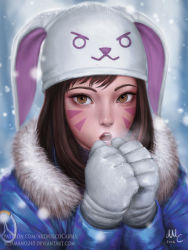 Rule 34 | 1girl, animal ears, beanie, breath, coat, d.va (overwatch), facial mark, fake animal ears, fur collar, gloves, hat, highres, looking at viewer, open mouth, overwatch, overwatch 1, portrait, rabbit ears, realistic, sciamano240, snow, snowing, solo, whisker markings