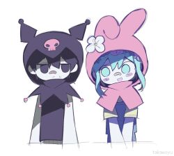 2boys :d animal_ear_hood arms_at_sides bandaid bandaid_on_face bandaid_on_nose basil_(headspace)_(omori) basil_(omori) black_eyes black_hair black_hood blue_eyes blue_hair blue_overalls closed_mouth colored_skin commentary cosplay cropped_torso english_commentary eye_contact fake_animal_ears flower highres hood hood_up kuromi kuromi_(cosplay) looking_at_another male_focus multiple_boys my_melody my_melody_(cosplay) no_pupils omori omori_(omori) open_mouth overalls pink_hood sanrio shirt short_hair sidelocks simple_background skull_print smile sweatdrop takawoyu v_arms white_background white_flower white_skin yellow_shirt