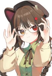 Rule 34 | 1girl, :3, adjusting eyewear, animal ears, beret, blush, braid, closed mouth, dog ears, dog girl, flower, glasses, hair flower, hair ornament, hat, heterochromia, highres, inui toko, long hair, looking at viewer, low twintails, nijisanji, red eyes, red flower, simple background, smug, solo, sukuna136, twin braids, twintails, virtual youtuber, white background, yellow eyes