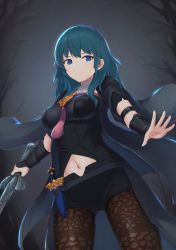 Rule 34 | 1girl, armor, belt, black armor, black belt, black coat, black shirt, black shorts, blouse, blue eyes, blue hair, breasts, brown pantyhose, bustier, byleth (female) (fire emblem), byleth (fire emblem), closed mouth, clothing cutout, coat, commentary request, cowboy shot, dagger, fire emblem, fire emblem: three houses, highres, holding, holding sword, holding weapon, knife, lace, lace-trimmed legwear, lace trim, long hair, looking at viewer, medal, medium breasts, navel, navel cutout, nintendo, nnnn oekaki, pantyhose, pantyhose under shorts, patterned legwear, print pantyhose, sheath, sheathed, shirt, short shorts, shorts, shoulder armor, sidelocks, solo, standing, sword, sword of the creator, tassel, vambraces, weapon