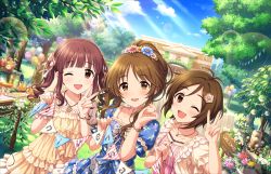 Rule 34 | 3girls, artist request, balloon, blue dress, blue sky, blush, brown eyes, brown hair, choker, collarbone, day, domyoji karin, dress, drink, floral print, flower, food, frilled dress, frills, grass, hair flower, hair ornament, highres, holding, idolmaster, idolmaster cinderella girls, idolmaster cinderella girls starlight stage, jewelry, lace, lolita fashion, long hair, looking at viewer, messy hair, multiple girls, official art, ogata chieri, one eye closed, open mouth, outdoors, ponytail, red eyes, short hair, short sleeves, sky, smile, sunlight, takamori aiko, tree, twintails, v