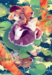 Rule 34 | 1girl, ana (rznuscrf), artistic error, bad reflection, blonde hair, blue eyes, flower, from above, hat, lily pad, lotus, moriya suwako, reflection, short hair, solo, torii, touhou, water, wide sleeves