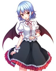 Rule 34 | 1girl, adapted costume, bat wings, black skirt, blouse, blue hair, blush, cowboy shot, fang, frilled skirt, frills, head tilt, junior27016, looking at viewer, no headwear, no headwear, open mouth, pointy ears, puffy short sleeves, puffy sleeves, red eyes, remilia scarlet, shirt, short hair, short sleeves, simple background, skirt, solo, touhou, white background, white shirt, wings, wrist cuffs