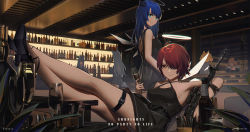 Rule 34 | 6+girls, arknights, armpits, backless dress, backless outfit, bar (place), blue eyes, blue hair, champagne flute, chromatic aberration, copyright name, cup, dress, drinking glass, energy wings, exusiai (arknights), formal, gun, hair over one eye, halo, halterneck, highres, holding, holding gun, holding weapon, indoors, legs together, looking at viewer, mostima (arknights), multiple girls, red hair, suit, thigh strap, weapon, xtears kitsune