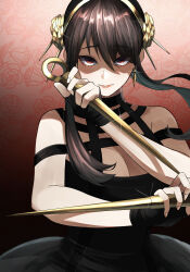 Rule 34 | 1girl, absurdres, bare shoulders, black dress, black hair, breasts, cleavage, dagger, dress, earrings, flower, gloves, gold earrings, gold hairband, hair ornament, hairband, highres, holding, holding dagger, holding knife, holding weapon, jewelry, knife, large breasts, long hair, looking at viewer, nekotokage, red eyes, sidelocks, solo, spy x family, stiletto (weapon), two-sided dress, two-sided fabric, weapon, yor briar