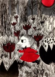 Rule 34 | 1girl, black bow, bow, dress, flower, from side, full body, greyscale, little my, long sleeves, monochrome, moomin, nonana (mikudrop), open mouth, outdoors, ponytail, red dress, red sun, running, solo, spot color, sun, tree