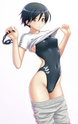 Rule 34 | 1girl, arena (company), black hair, breasts, brown eyes, competition swimsuit, covered navel, covered erect nipples, goggles, highleg, highleg swimsuit, highres, jacket, jersey, kuri (kurigohan), one-piece swimsuit, original, pants, photoshop (medium), shirt, short hair, simple background, skin tight, small breasts, solo, swimsuit, swimsuit under clothes, t-shirt, track jacket, track pants, track suit, undressing, white background