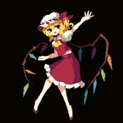 Rule 34 | 1girl, 4qw5, :d, ascot, black background, black eyes, blonde hair, crystal, flandre scarlet, full body, hat, looking at viewer, one side up, open mouth, pixel art, red footwear, red skirt, short sleeves, simple background, skirt, smile, solo, touhou, white hat, wings, yellow ascot