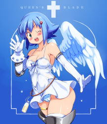 Rule 34 | 1girl, ;d, angel of light nanael, angel wings, asymmetrical wings, blue eyes, blue hair, blue theme, blush, boots, breasts, cleavage, copyright name, cross, dress, elbow gloves, gloves, matching hair/eyes, medium breasts, milk, nanael (queen&#039;s blade), nanael (queen's blade), one eye closed, open mouth, queen&#039;s blade, ribbon, round teeth, short hair, smile, solo, teeth, thigh boots, thighhighs, waving, wings, wink, yu 3
