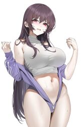 Rule 34 | 1girl, bare shoulders, blue jacket, blush, breasts, character request, check character, check copyright, copyright request, damda, fate (series), hair between eyes, jacket, large breasts, long hair, looking at viewer, midriff, navel, open clothes, open jacket, parted lips, purple hair, red eyes, scathach (fate), sidelocks, solo, sweat, very long hair, white background