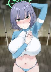 Rule 34 | 1girl, annoyed, armpits, blue archive, blue panties, breasts, commentary request, crop top, green eyes, hibanachiku, highres, jacket, large breasts, looking at viewer, midriff, multicolored clothes, multicolored jacket, panties, presenting armpit, purple hair, saki (blue archive), solo, steaming body, stomach, sweat, thighs, track jacket, two-tone jacket, underwear