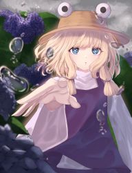 Rule 34 | 1girl, :o, arm up, bad id, bad pixiv id, blonde hair, blue eyes, blue skirt, blue vest, blurry, cacao devil, commentary request, day, depth of field, flower, foreshortening, hat, high collar, highres, hydrangea, long sleeves, looking at viewer, moriya suwako, outdoors, overcast, reaching, reaching towards viewer, shirt, short hair, sidelocks, skirt, sky, solo, touhou, upper body, vest, water drop, white shirt