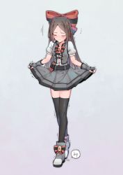 Rule 34 | 1girl, belt, black thighhighs, blue background, blush, bow, bowtie, breasts, brooch, closed eyes, closed mouth, curtsey, embarrassed, female focus, fingerless gloves, footwear bow, forehead, frilled sleeves, frills, full body, gem, gloves, gradient background, grey footwear, grey gloves, grey skirt, grey vest, hair bow, have to pee, heel up, highres, jewelry, kallie (rune (dualhart)), lifted by self, miniskirt, nose blush, original, parted bangs, pee, peeing, peeing self, pleated skirt, puffy short sleeves, puffy sleeves, red bow, red gemstone, rune (dualhart), shiny clothes, shirt, shoes, short sleeves, sidelocks, simple background, skindentation, skirt, small breasts, smile, solo, speech bubble, standing, striped, striped bow, sweat, test tube, thighhighs, trembling, vest, white shirt, zettai ryouiki