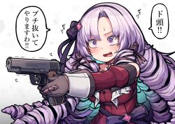 Rule 34 | 1girl, absurdres, black hairband, blush, bow, breasts, claw ring, commentary request, dress, dress bow, drill hair, finger on trigger, gloves, gun, hair ornament, hairband, handgun, hatyuuruinohito, highres, holding, holding weapon, hyakumantenbara salome, hyakumantenbara salome (1st costume), long hair, nijisanji, open mouth, parted bangs, purple eyes, purple hair, red dress, red sleeves, ringlets, solo, speech bubble, sweat, teeth, translation request, trembling, virtual youtuber, weapon