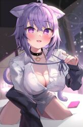 Rule 34 | 1girl, ahoge, animal ear fluff, animal ears, blush, breasts, cat ears, cat girl, cat tail, choker, collar, dodota, hair between eyes, heart, heart-shaped pupils, highres, hololive, large breasts, long sleeves, looking at viewer, nekomata okayu, official alternate costume, purple eyes, purple hair, shirt, short hair, solo, symbol-shaped pupils, tail, virtual youtuber