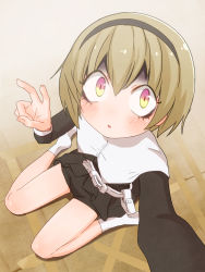 Rule 34 | 1girl, belt, black hairband, black shorts, blush, capelet, commentary request, hairband, highres, jashin-chan dropkick, light brown hair, long sleeves, looking at viewer, micro shorts, outstretched arm, parted lips, pekora (jashin-chan dropkick), reaching, reaching towards viewer, sat-c, selfie, short hair, short shorts, shorts, sitting, socks, solo, v, wariza, white capelet, white socks, yellow eyes
