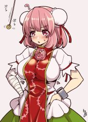 Rule 34 | 1girl, ?, bandages, bandaged arm, bandages, blush, breasts, bun cover, coin, commentary request, cuffs, double bun, green skirt, hanauna, holed coin, ibaraki kasen, large breasts, mind control, pendulum, pink eyes, pink hair, puffy short sleeves, puffy sleeves, red ribbon, ribbon, short sleeves, simple background, skirt, solo, sweatdrop, tabard, touhou