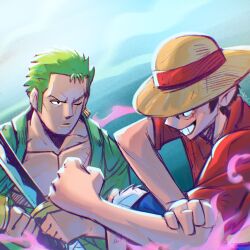 Rule 34 | 2boys, black hair, commentary, commission, english commentary, green hair, grin, hat, highres, holding, imminent fight, looking at another, male focus, monkey d. luffy, multiple boys, one eye closed, one piece, outdoors, pectorals, red shirt, roronoa zoro, scar, scar across eye, shirt, short hair, short sleeves, smile, sneekkio, straw hat, sword, teeth, vs, weapon