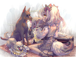 Rule 34 | 1girl, 3others, ahoge, animal ears, arm up, bag, bell, belt, biscuit (nikke), black dress, black socks, blanket, bone hair ornament, caution tape, dirt, dirty, dirty clothes, dirty hands, dog, dog ears, dog girl, dog tail, dress, dress shirt, eating, fangs, frilled dress, frills, from behind, goddess of victory: nikke, hair bell, hair ornament, hair ribbon, heart, heart hair ornament, holding, holding bag, light brown hair, loafers, lonewolfrun, looking at viewer, looking back, medium hair, multiple others, picnic, plastic bag, pleated dress, puffy sleeves, ribbon, rocket launcher, shirt, shoes, sitting, socks, tail, twitter username, wariza, weapon, yellow eyes