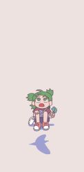 Rule 34 | 1girl, bag, bird, blue shorts, brown background, child, commentary, english commentary, floating hair, food, green hair, hand on own knee, highres, holding, holding food, koiwai yotsuba, korean commentary, looking up, melting, mixed-language commentary, open mouth, popsicle, quad tails, ramdaram, red footwear, red sleeves, shadow, shirt, shoes, shorts, shoulder bag, simple background, solo, squatting, white bag, white shirt, wind, yotsubato!