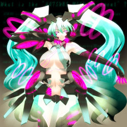 Rule 34 | 1girl, alternate costume, aqua eyes, aqua hair, breasts, english text, engrish text, glowing, glowing eyes, hatsune miku, hatsune miku (append), highres, large breasts, long hair, ranguage, solo, tro (trombe), twintails, vocaloid, vocaloid append