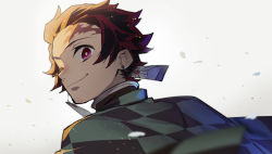 Rule 34 | 1boy, bright pupils, brown hair, closed mouth, earrings, from behind, haori, highres, japanese clothes, jewelry, kamado tanjirou, kimetsu no yaiba, looking at viewer, looking back, male focus, one eye closed, pink eyes, ryota-h, scar on face, scar on forehead, short hair, simple background, smile, solo, upper body, white background, white pupils