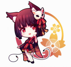 Rule 34 | 1girl, :d, animal ears, azur lane, black hair, breasts, cat ears, cat mask, chi ya, chibi, commentary request, japanese clothes, kimono, looking at viewer, mask, mask on head, open mouth, paw pose, red eyes, short hair, short kimono, sideboob, smile, solo, white legwear, yamashiro (azur lane)