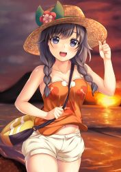 Rule 34 | 1girl, :d, absurdres, bag, bare arms, bare shoulders, beach, between breasts, black hair, blue eyes, blush, braid, breasts, cleavage, collarbone, cowboy shot, creatures (company), flower, game freak, hat, hat tip, highres, looking at viewer, medium breasts, navel, nintendo, ocean, open mouth, outdoors, pokemon, pokemon usum, selene (pokemon), short shorts, shorts, sky, smile, solo, strap between breasts, sun, sun hat, sunset, swept bangs, tank top, twin braids, white shorts, yuririn poi