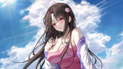 Rule 34 | 1girl, bare shoulders, black hair, blue sky, breasts, cleavage, collarbone, commentary, day, hand in own hair, highres, jacket, large breasts, lens flare, long hair, looking at viewer, mohaka (m 0haka), open mouth, original, outdoors, paw hair ornament, pink shirt, red eyes, shirt, signature, sky, solo, sun, sunlight, symbol-only commentary, upper body, white jacket