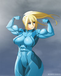 Rule 34 | 1girl, abs, biceps, blonde hair, blue eyes, breasts, covered navel, curvy, elee0228, female focus, flexing, highres, large breasts, long hair, metroid, muscular, nextartist, nintendo, parted lips, ponytail, samus aran, smile, solo, thick thighs, thighs, wide hips, zero suit