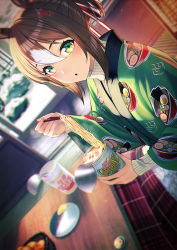Rule 34 | 1girl, alternate costume, animal ears, basket, blurry, blurry background, brown hair, chopsticks, commentary request, dutch angle, fine motion (umamusume), folded ponytail, food, fruit, green eyes, hair ornament, horse ears, horse girl, looking at viewer, nissin cup noodle, orange (fruit), plate, solo, table, umamusume, under table, unowen