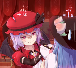 Rule 34 | 2girls, alternate color, anger vein, bandaid, bandaid on face, bandaid on nose, bat wings, black hat, blue hair, clothes grab, commentary request, curtains, dress, elbow gloves, gloves, grabbing, hat, hinanawi tenshi, kuroda kuwa, light purple hair, long hair, mob cap, multiple girls, player 2, pointy ears, puffy short sleeves, puffy sleeves, red eyes, red hat, remilia scarlet, short hair, short sleeves, slit pupils, smile, torn clothes, torn gloves, touhou, wings