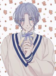 Rule 34 | 1boy, absurdres, arm behind back, bishounen, blue eyes, blue hair, bow, closed mouth, collared shirt, commentary request, eyes visible through hair, floral background, gift, hand up, hasegawa langa, highres, holding, holding gift, korean commentary, long sleeves, looking at viewer, male focus, medium hair, mi muuuu, shirt, simple background, sk8 the infinity, smile, solo, split mouth, straight-on, sweater vest, upper body, white background, yellow bow