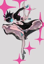 1other alternate_costume antenna_hair apron back_bow black_dress black_footwear black_hair blue_skin bow colored_skin commentary_request deltarune dress enmaided from_side full_body garter_straps grey_background highres kris_(deltarune) lace lace-trimmed_thighhighs lace_trim long_sleeves looking_at_viewer maid maid_apron maid_headdress mary_janes noppo_(nopon) other_focus petticoat plantar_flexion profile red_eyes shoes short_hair simple_background solo sparkle standing standing_on_one_leg thighhighs white_apron white_bow white_headdress white_thighhighs