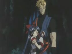 Rule 34 | 1990s (style), 1boy, 1girl, ainu clothes, animated, anime screenshot, blonde hair, blue eyes, blue hair, breasts, constricted pupils, fingerless gloves, galford d weller, gloves, hair ribbon, height difference, hug, japanese clothes, long hair, looking at viewer, medium breasts, muscular, muscular male, nakoruru, ninja, petite, pointy hair, retro artstyle, ribbon, samurai spirits, serious, snk, surprised, tagme, video, wide-eyed