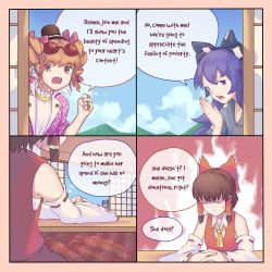 Rule 34 | 3girls, 4koma, :o, anger vein, angry, antinomy of common flowers, ascot, black hat, blue bow, blue eyes, blue hair, blue hoodie, blue sky, bow, brown eyes, brown hair, clenched hand, closed eyes, cloud, cloudy sky, comic, commentary, day, detached sleeves, drill hair, earrings, english text, eyewear on head, fingernails, frilled bow, frills, hair bow, hair ornament, hair ribbon, hair tubes, hakurei reimu, hakurei shrine, hand up, hat, highres, hood, hoodie, indoors, jewelry, kotatsu, long fingernails, long hair, looking at viewer, multiple girls, open mouth, orange hair, outdoors, own hands together, pink ribbon, red bow, red shirt, red skirt, red vest, ribbon, ribbon-trimmed sleeves, ribbon trim, ring, round eyewear, sarashi, shirt, short hair, siblings, sidelocks, sisters, sitting, skirt, skirt set, sky, sliding doors, speech bubble, sunglasses, table, teeth, top hat, touhou, twin drills, under kotatsu, under table, upper teeth only, vest, wavy hair, wide sleeves, yorigami jo&#039;on, yorigami shion, yoruny