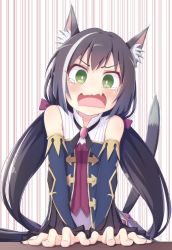 Rule 34 | 1girl, animal ear fluff, animal ears, arm support, bare shoulders, black hair, black neckwear, black ribbon, blue sleeves, blush, bow, brooch, cat ears, cat girl, cat tail, commentary, detached sleeves, dress, fang, fingernails, frilled sleeves, frills, green eyes, hair bow, highres, jewelry, karyl (princess connect!), long hair, looking at viewer, low twintails, multicolored clothes, multicolored dress, multicolored hair, open mouth, pontasu, princess connect!, purple bow, ribbon, skin fang, sleeveless, sleeveless dress, solo, streaked hair, striped, striped background, tail, tail raised, tearing up, twintails, upper body, vertical stripes, very long hair, wavy mouth, white background, white hair