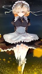 Rule 34 | 1girl, apron, arms behind back, azur lane, bad id, bad pixiv id, black dress, blonde hair, boots, braid, bustier, chain, collar, corset, cowboy shot, cross, dress, eyelashes, eyes visible through hair, fireflies, french braid, frilled dress, frills, garter straps, hair over one eye, hair ribbon, highres, inverted cross, juliet sleeves, knee boots, long sleeves, looking at viewer, maid, maid apron, maid headdress, armored boots, metal collar, night, outdoors, parted lips, poleyn, puffy sleeves, raru (nanaharararu), ribbon, sheffield (azur lane), sky, solo, star (sky), starry sky, thighhighs, thighs, tsurime, walking, white ribbon, white thighhighs, yellow eyes