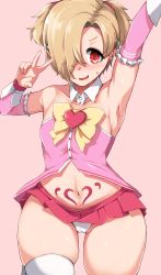 Rule 34 | 1girl, :d, absurdres, aki (sangetusei), armpits, blush, breasts, cameltoe, detached sleeves, earrings, hair over one eye, heart, heart tattoo, highres, idolmaster, idolmaster cinderella girls, jewelry, looking at viewer, microskirt, navel, open mouth, panties, pink background, pleated skirt, pubic tattoo, red eyes, shirasaka koume, simple background, skirt, small breasts, smile, solo, sweatdrop, tattoo, thighs, two side up, underwear, v, white panties, wide hips