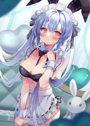 Rule 34 | 1girl, :t, :x, animal ears, apron, bare shoulders, between breasts, black bow, black bowtie, blue hair, blush, bow, bowtie, breasts, cleavage, closed mouth, collar, commentary request, detached collar, double bun, ebihara beniko, fake animal ears, fishnet pantyhose, fishnets, frilled apron, frills, hair between eyes, hair bun, heart, highres, long hair, maid headdress, medium breasts, navel, original, pantyhose, rabbit ears, red eyes, ribbon-trimmed apron, ribbon trim, solo, stuffed animal, stuffed rabbit, stuffed toy, twintails, very long hair, waist apron, white apron, white collar, wing collar, wrist cuffs