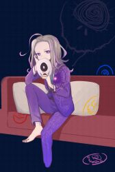 Rule 34 | 1boy, ahoge, arm support, barefoot, blonde hair, blue background, blue necktie, commentary request, couch, floral print, hand on own cheek, hand on own face, highres, holding, holding mask, ituya ame, jacket, knee up, long hair, long sleeves, looking at viewer, makoto kagutsuchi, male focus, mask, unworn mask, master detective archives: rain code, necktie, on couch, pants, pillow, purple eyes, purple jacket, purple pants, shirt, sitting, solo, spoilers, white shirt