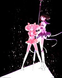 Rule 34 | 2girls, back bow, bishoujo senshi sailor moon, black background, bob cut, boots, bow, chibi usa, choker, cone hair bun, double bun, earrings, elbow gloves, full body, gem hair ornament, gloves, hair bun, hand on own chest, height difference, highres, holding, holding staff, jewelry, knee boots, long hair, looking at viewer, multiple girls, namisonpictures, parted bangs, pink sailor collar, pink skirt, pleated skirt, puffy short sleeves, puffy sleeves, purple eyes, purple sailor collar, purple skirt, red bow, red eyes, sailor chibi moon, sailor collar, sailor saturn, sailor senshi uniform, school uniform, serafuku, shirt, short hair, short sleeves, short twintails, skirt, staff, star (symbol), star choker, tiara, tomoe hotaru, twintails, white footwear, white shirt