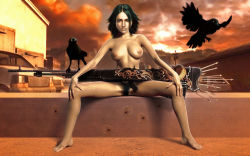 Rule 34 | 1girl, 3d, alicia (bullet witch), alicia (bullet witch), aq interactive, bird, breasts, bullet witch, car, cavia, female focus, female pubic hair, gun, large breasts, mole, motor vehicle, nipples, nude, outdoors, pubic hair, sky, solo, spread legs, sunset, vehicle, weapon
