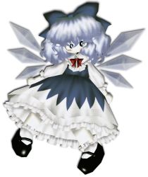 Rule 34 | 1girl, blue bow, blue dress, blue eyes, blue hair, blue shirt, blush, bow, cirno, collar, collared shirt, commentary, dress, embodiment of scarlet devil, english commentary, fairy wings, frilled collar, frilled shirt collar, frilled skirt, frilled sleeves, frills, hair bow, highres, ice, ice wings, juliet sleeves, long sleeves, looking at viewer, memorisleep, puffy sleeves, red bow, shirt, shoes, short hair, skirt, socks, solo, touhou, white background, wings