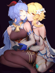 Rule 34 | 2girls, absurdres, ahoge, bare shoulders, bell, black background, black gloves, black legwear, blonde hair, blue hair, blush, breasts, closed eyes, closed mouth, commentary request, detached sleeves, dress, flower, ganyu (genshin impact), genshin impact, gloves, goat horns, hair between eyes, hair flower, hair ornament, highres, horns, hug, kato (kato), long hair, long sleeves, looking away, lumine (genshin impact), medium breasts, multiple girls, open mouth, pantyhose, short hair, signature, simple background, sitting, smile, white dress, white legwear, yellow eyes