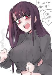 Rule 34 | 1girl, 2poet, blush, breasts, clenched hands, girls&#039; frontline, korean text, long hair, looking at viewer, navel, purple hair, simple background, solo, sweater, teeth, translation request, wa2000 (girls&#039; frontline), white background