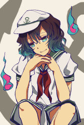 Rule 34 | 1girl, anchor, anchor symbol, black hair, blue eyes, blue hair, closed mouth, collar, ghost, gradient hair, green collar, hair between eyes, hands up, hat, highres, looking down, looking to the side, multicolored hair, murasa minamitsu, nayozane (worker7), puffy short sleeves, puffy sleeves, red neckwear, sailor collar, sailor shirt, shirt, short hair, short sleeves, shorts, sitting, smile, solo, touhou, wavy hair, white hat, white shirt, white shorts, white sleeves