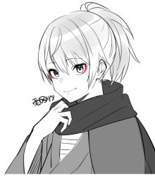 Rule 34 | 1girl, closed mouth, copyright request, hair between eyes, hand up, highres, japanese clothes, kimono, long sleeves, looking at viewer, monochrome, ponytail, sakura chiyo (konachi000), scarf, smile, solo, spot color, upper body, virtual youtuber, wide sleeves