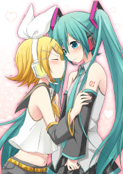 Rule 34 | 2girls, aqua eyes, aqua hair, arm tattoo, belt, black detached sleeves, blonde hair, blush, bow, closed eyes, detached sleeves, female focus, hair bow, hair ornament, hairclip, hatsune miku, headphones, headset, heart, heart background, imminent kiss, kagamine rin, long hair, looking at another, md5 mismatch, midriff, multiple girls, navel, necktie, nervous, pink background, resolution mismatch, skirt, source smaller, sudachi (calendar), tattoo, treble clef, trembling, twintails, very long hair, vocaloid, wavy mouth, yuri